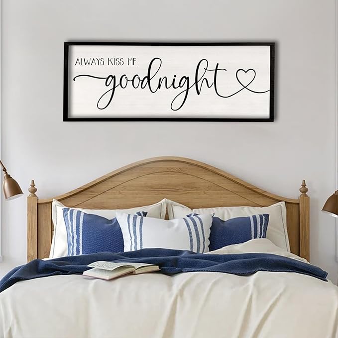 flowtorely Always Kiss Me Goodnight Wall Sign For Master Bedroom Above Bed Wall Decor 40''×15'' Large Rustic Solid Wood Frame For Farmhouse Couples Above bed Wall Art Decoration (Black)-Ruum Studio Home