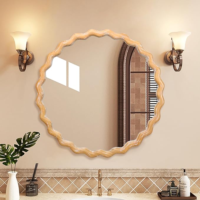 Wavy Mirror 27.5x27.5 Inch, Decorative Bathroom Mirror with Natural Wood Frame, Entry Way Mirrors for Wall, Shatterproof Glass, Mirrors for Wall Decor-Ruum Studio Home
