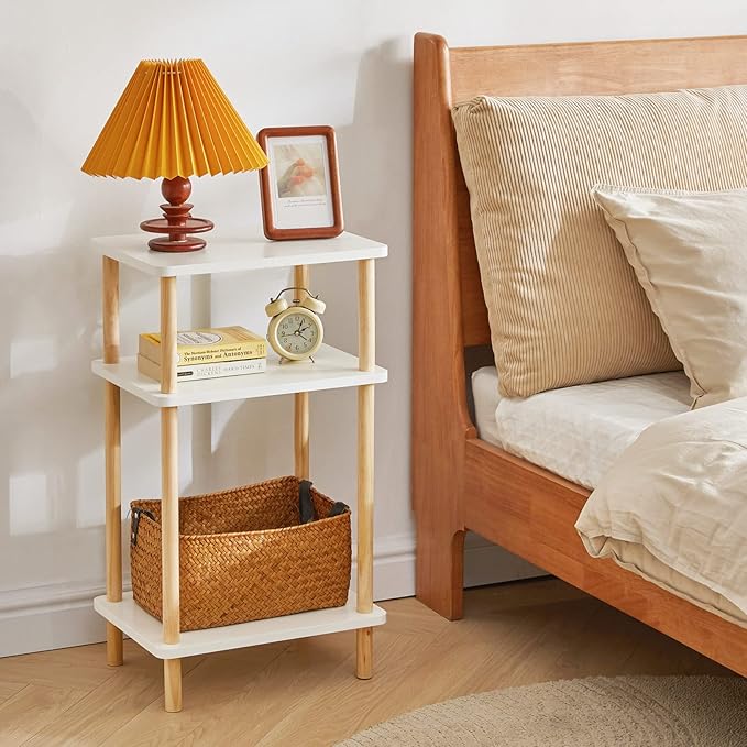 IBUYKE 3-Tier Side Table, Solid Wood Tall End Table with Storage Shelves, Nightstand Bedside Table for Living Room Bedroom Office, No-Tool Assembly, White UWST003W-Ruum Studio Home