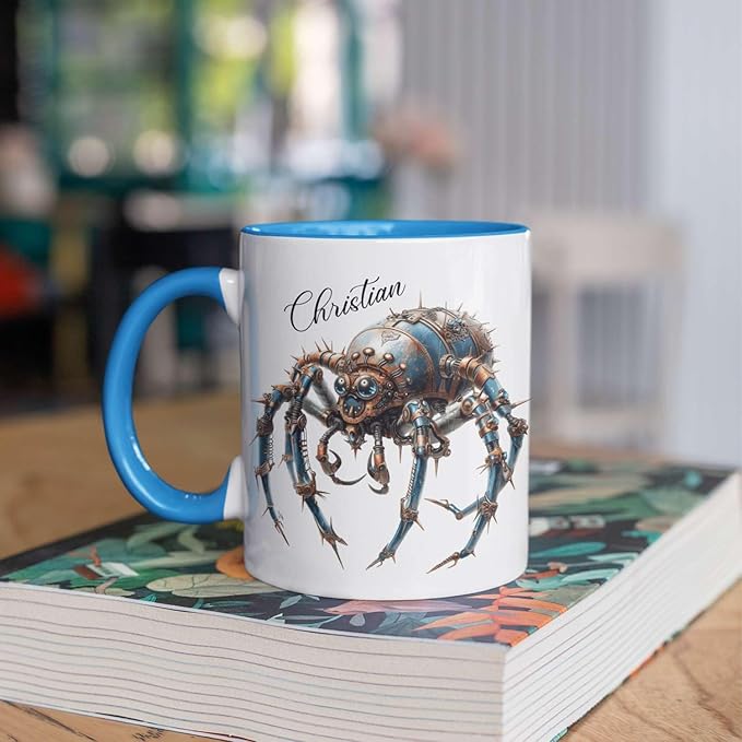 Personalized Steampunk Insect Mug, Customizable Name Mechanical Character Coffee Cup 11oz, Unique Cyberpunk Design Ceramic Mug, Customized White Cup Gift For Sci-Fi Enthusiasts-Ruum Studio Home