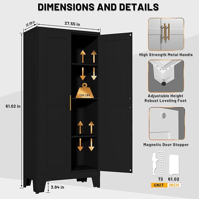 61" Balck Metal Kitchen Storage Cabinet, Kitchen Pantry Storage Cabinet with Doors and Shelves, Storage Cabinet with Adjustable Leveling Foot for Kitchen, Living Room and Dining Room-Ruum Studio Home