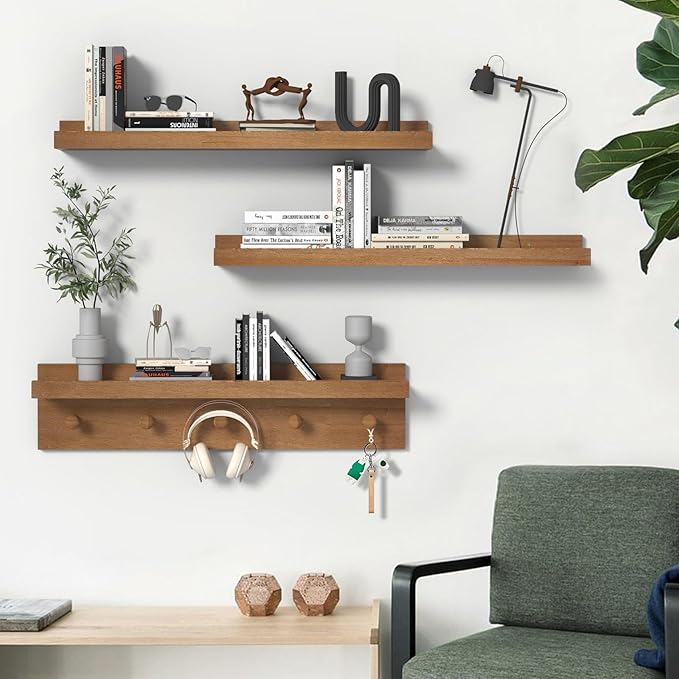 MBYD 24 Inch Floating Shelves, Picture Ledge Shelf, Natural Wood Wall Shelf, Nursery Book Shelves for Kids Room Decor with Hooks, Kitchen Bathroom Storage, Living Room Walnut-Ruum Studio Home