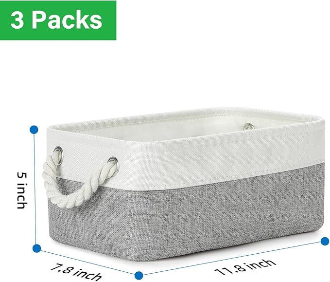 Bidtakay Small Baskets Fabric Storage Baskets for Organizing 3-Pack 12x8x5 Inch Collapsible Storage Bins for Shelves Canvas Bins for Closet Organization Home Baskets Storage Linen Closet S-White&Grey-Ruum Studio Home