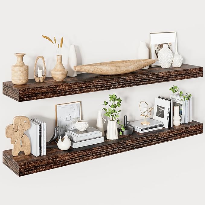 Floating Shelves for Wall 48 Inches Long,9.3" Deep Rustic Brown Floating Shelf Set of 2,Wall Mounted Wood Shelves for Bathroom Bedroom Living Room Kitchen Office,Shelf for Books Storage Room Decor-Ruum Studio Home