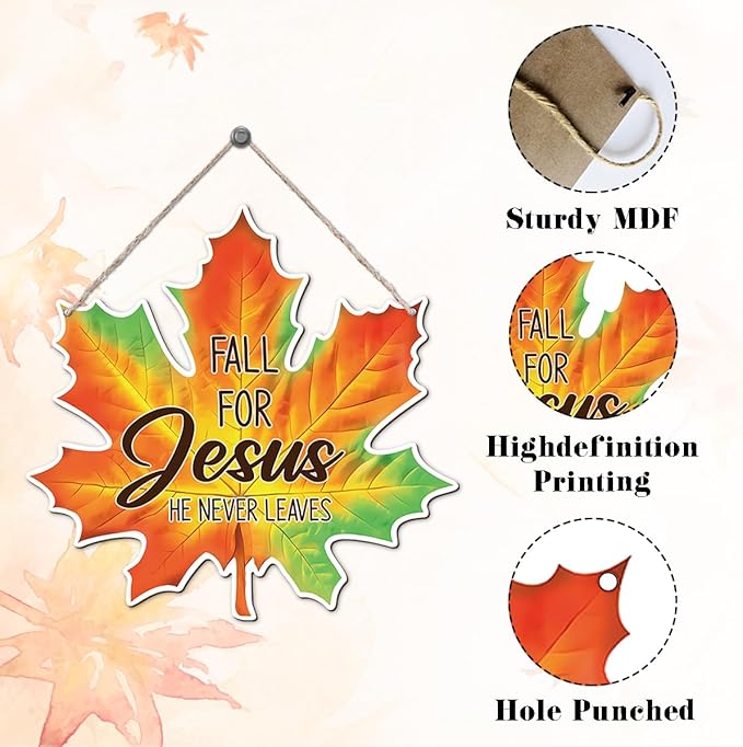 Maple Leaf Fall Decor, Fall for Jesus He Never Leaves Decor Sign Farmhouse Autumn Wreaths for Front Door Christian Jesus Hanger Sign Home Wall Autumn Halloween Thanksgiving Decoration-Ruum Studio Home