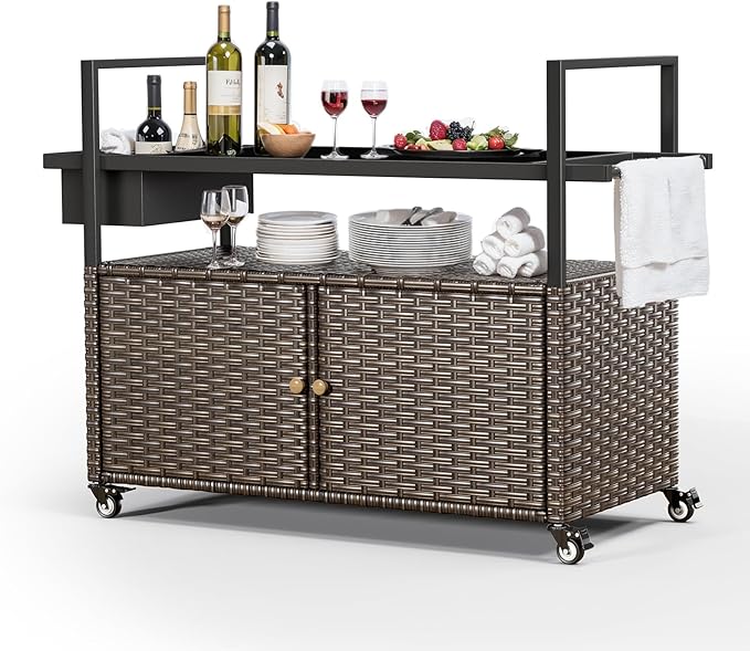 Outdoor Bar Cart with Storage Cabinet, Outdoor Grill Cart with Wheels, Rattan Bar Cart with Tempered Glass Tabletop, Outdoor Buffet Cabinet Table Cart for Mini Bar, BBQ, Food Serving, Brown Wicker-Ruum Studio Home