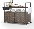 Outdoor Bar Cart with Storage Cabinet, Outdoor Grill Cart with Wheels, Rattan Bar Cart with Tempered Glass Tabletop, Outdoor Buffet Cabinet Table Cart for Mini Bar, BBQ, Food Serving, Brown Wicker-Ruum Studio Home