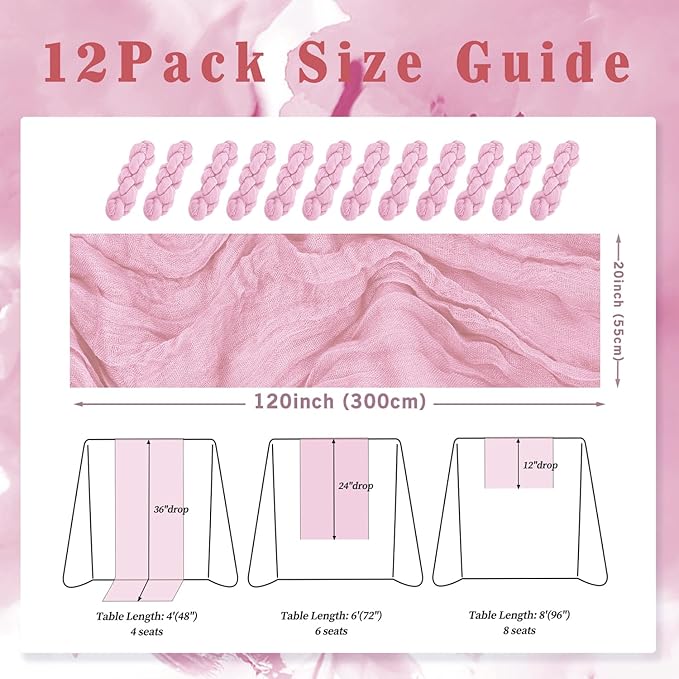 Light Pink Cheesecloth Table Runner 12 Pack 10FT Rustic Gauze Fabric Cheese Cloth Table Runner for Wedding 20 x 120 Inch Long Bridal Baby Shower Table Decorations Boho Sheer Birthday Party Table Decor-Ruum Studio Home