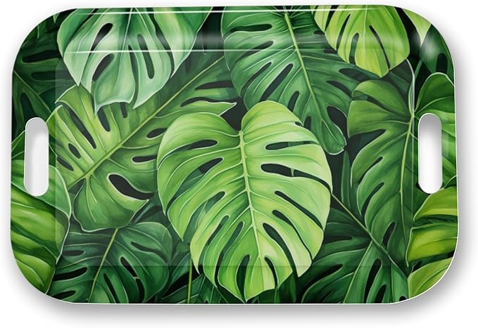 Serving Trays with Handles, 14.5 x 9.8 inch Rectangular Plastic Tray for Restaurant, Kitchen, Tropical Leaf Pattern Monstera in The Style-Ruum Studio Home