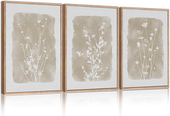 HPINUB Large Boho Wildflowers Canvas Framed Wall Art Set,Minimalist Vintage Flower Wall Decor,Beige Floral Botanical Artwork for Living Room Bedroom,Dining Room,Office -24"x36"x3-Ruum Studio Home