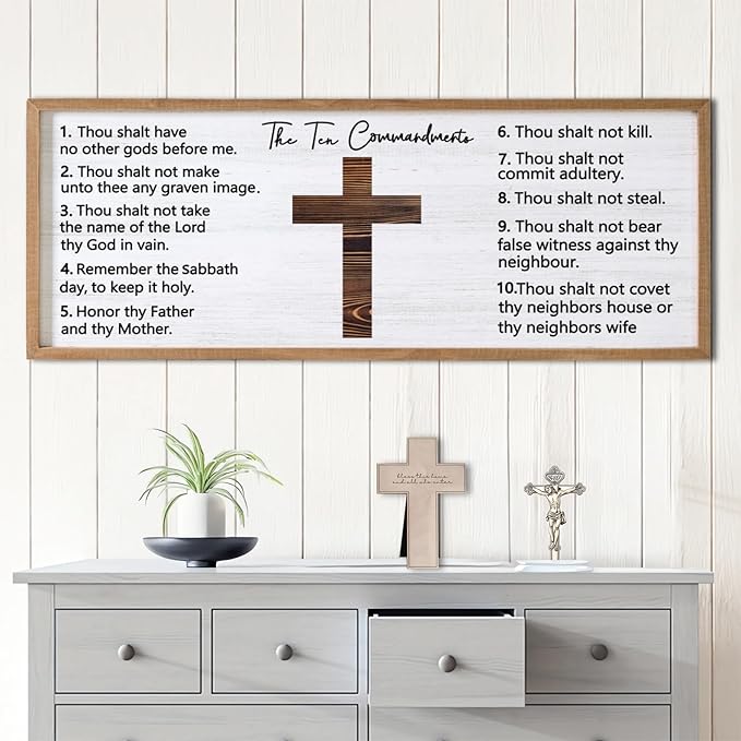 Ten Commandments Rustic Bible Verse Framed Wall Art 40" x 15" Natural Religious Christian Slogan Representing God Jesus Christ Prayer Vintage Holy Inspirational Catholic Scripture Decor-Ruum Studio Home