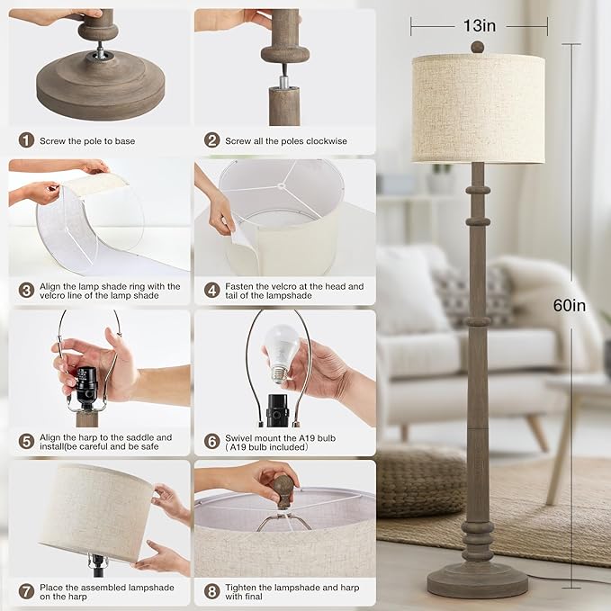 Floor Lamps for Living Room - 60" Resin Farmhouse Floor Lamp with 3 Color Temperatures - Vintage Standing Lamp Reading Light with Linen Shade Retro Tall Lamp for Bedroom Office, Grey-Ruum Studio Home
