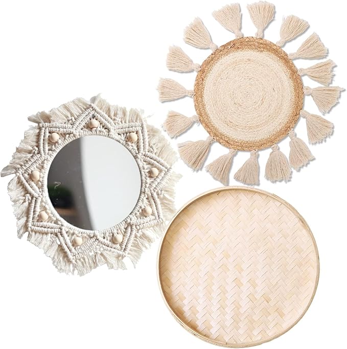 Boho Wall Basket Decor Set - Flat Woven Macrame Tapestry, Mirror White Round Tassels, Handmade Rattan Wicker Seagrass Wall Basket-Ruum Studio Home