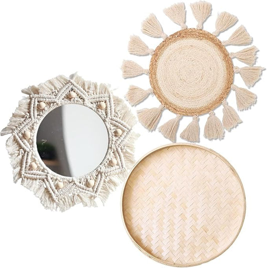 Boho Wall Basket Decor Set - Flat Woven Macrame Tapestry, Mirror White Round Tassels, Handmade Rattan Wicker Seagrass Wall Basket-Ruum Studio Home