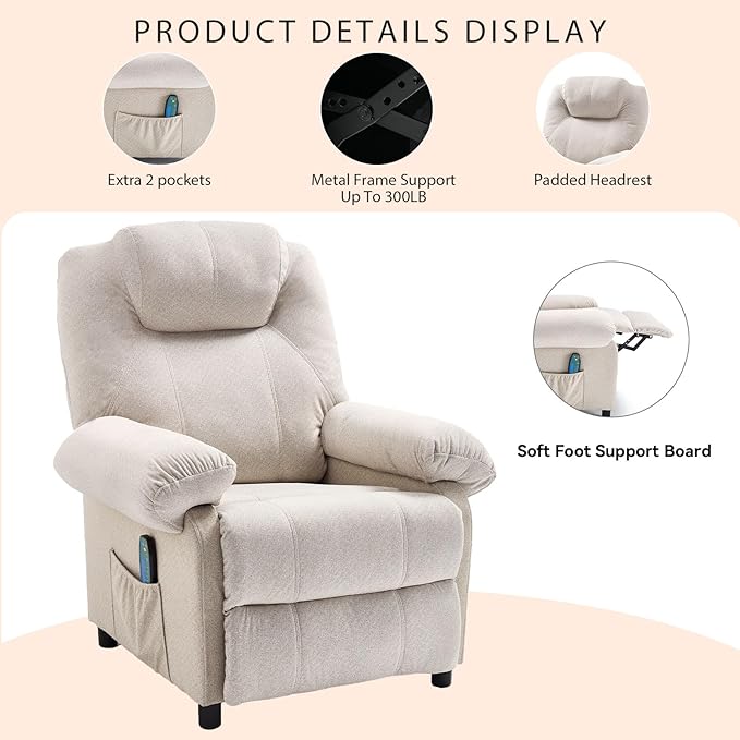 KCREAM Massage Chair Recliner with Heating,Recliner Chair for Adults,Small Recliners for Small Spaces Overstuffed Reclining Chairs Single Sofa Recliners with Side Pocket for Living Room,Fabric Beige-Ruum Studio Home