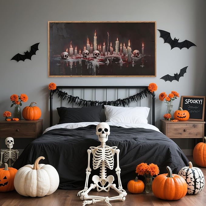 Aurlan Gothic Bloody Skull and Candles Framed Wall Art(40"x20"), Large Horror Dark Academia Halloween Skeleton Canvas Artwork, Modern Goth Spooky Creepy Ghost Decor for Home Office Bedroom-Ruum Studio Home