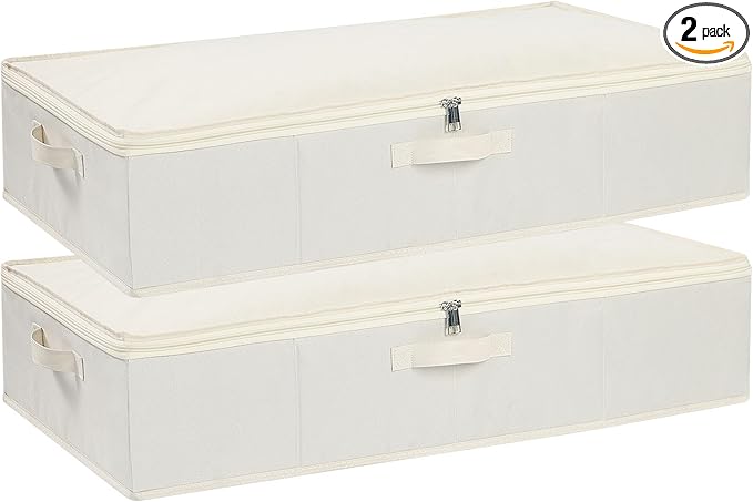 Under the Bed Storage Bins, Closet Organizers with Reinforced Handles for Blanket, Sheets, Pillows, Towels, Shoes, Beige, 2 Pack, 23.6 x 11.8 x 5.9 Inch-Ruum Studio Home