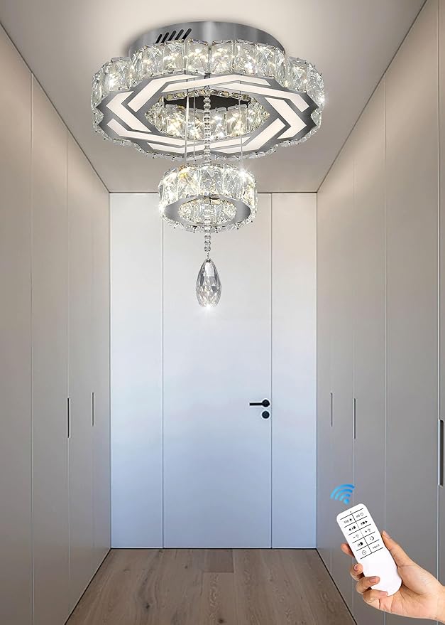 Flashing God Small Crystal Chandeliers Dia 12" Silver Chandelier Flush Mount Ceiling Light for Bedroom Living Room Dining Room Hallway Dimmable 3 Rings LED Celing Lighting Fixtures-Ruum Studio Home