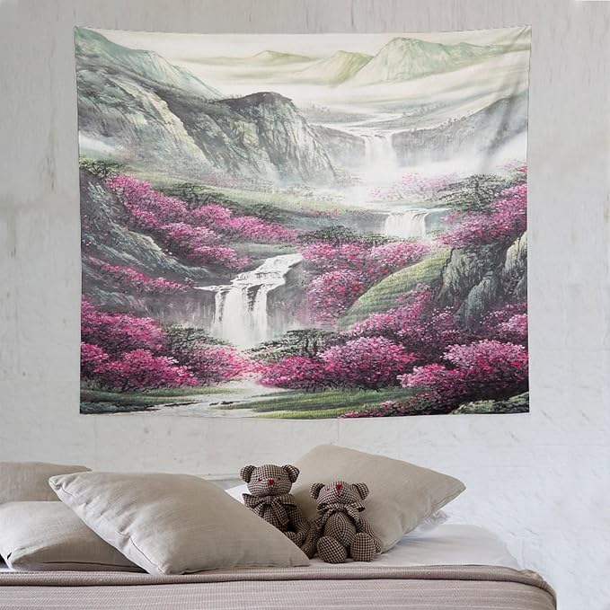 Japanese Tapestry, Red Plum Blossom Mountain Tapestry, Asian Japanese Wall Tapestry, Nature Landscape Tapestries for Bedroom Living Room Decor 60"x50"-Ruum Studio Home