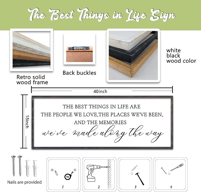 The Best Things in Life Wall Decor Sign 40 x 15 Inch Memories Inspirational Quotes Wood Framed Family Entryway Living Room Home Wall Art for Farmhouse Bedroom Room (Black)-Ruum Studio Home