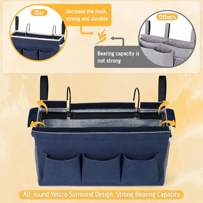 Bedside Caddy Bedside Organizer Bedside Storage Caddy with Fixed Straps and Water Bottle Holder for Home College Dorm Bunk Bed Hospital Bed Crib Bed Rails (2pcs Navy Blue)-Ruum Studio Home