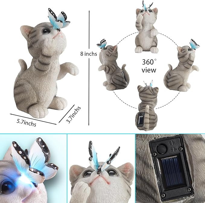 Cat Garden Statue Outdoor Solar Decorations Butterfly Light Figurine Color Changing LED Lights Resin Sculpture Art Decor Patio Lawn Yard Housewarming Gifts for Women Grandma Mom-Ruum Studio Home