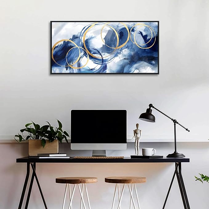 AJAZIKO Blue Abstract Wall Art Modern Navy Blue and Gold Pictures for Living Room Paintings Office Artwork Wall Decor Framed Canvas Wall Art Bedroom Wall Decor Above Bed 20×40IN-Ruum Studio Home
