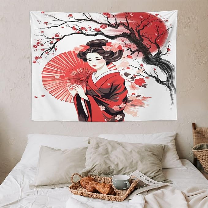 Japanese Red Geisha Tapestry Asian Cherry Blossom Traditional Kimono Folk Tapestries Home Decor for Living Room Bedroom Apartment Farmhouse Dorm 40"x30"-Ruum Studio Home
