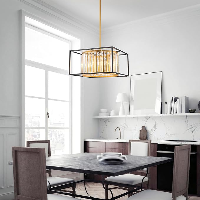 5-Lights K9 Crystal Chandelier, Modern Style Pendant Light Fixture for Dining Room, Bedroom & Living Room, Gold & Black Finish, L16.5 * W16.5 * H12~48 inch (Adjustable Height)-Ruum Studio Home