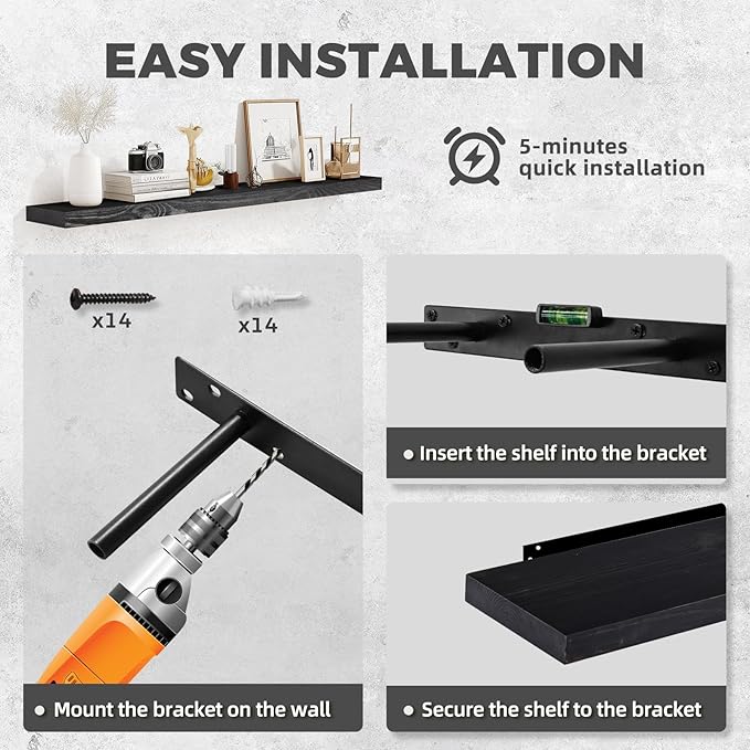 36"x6.8"x1.2" Solid Wood Floating Shelves 2-Pack - Rustic Black Finish with Hidden Brackets, Perfect for Storage and Décor in Living Room, Kitchen, Bedroom-Ruum Studio Home