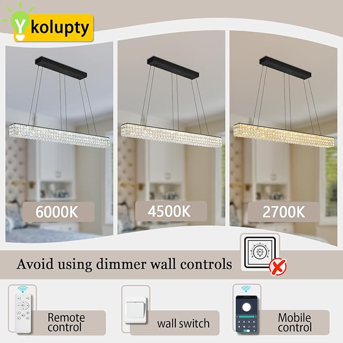 W48 Black Chandeliers for Dining Room, Modern Crystal Pendant Lights Fixture Farmhouse Hanging Dining Light Fixtures for Kitchen Island, Living Room, Bedroom-Ruum Studio Home