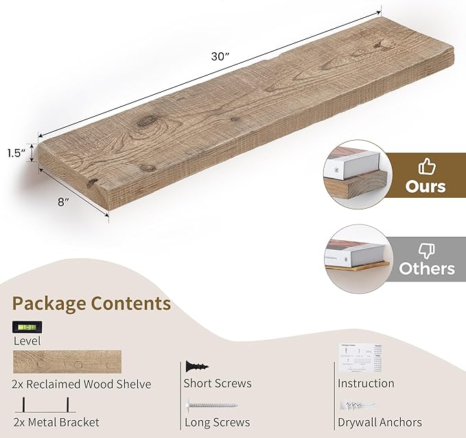 Floating Shelves, 8 Inch Deep Rustic Solid Reclaimed Wood Wall Shelves for Storage, Wall Mounted Display Shelving with Invisible Heavy-Duty Metal Bracket, 30 Inch Width Set of 2, Natural-Ruum Studio Home