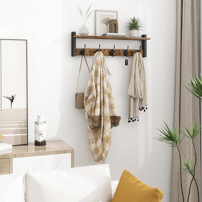 Homode Coat Rack with Wall Mount, 24 Inch Long Entryway Wall Shelf with Hooks, Wood Hanger with Storage Shelf for Bathroom, Hallway, Rustic Brown Black-Ruum Studio Home