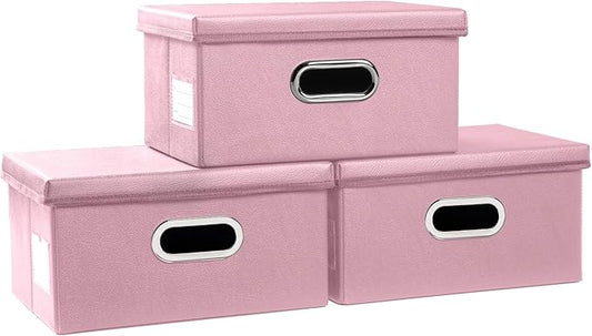 PRANDOM Collapsible Storage Box with Lid [3-Pack] Leather Fabric Foldable Storage Bin Organizer Container Basket Cube with Cover for Home Bedroom Closet Office Nursery Pink(13.6x9.6x6.9)-Ruum Studio Home