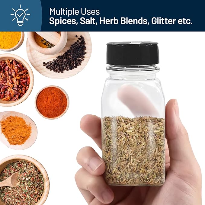 RoyalHouse 12 Pack 9.5 Oz Plastic Spice Jars with Black Cap, Clear and Safe Plastic Bottle Containers with Shaker Lids for Storing Spice, Herbs and Seasoning Powders, BPA Free, Made in USA-Ruum Studio Home