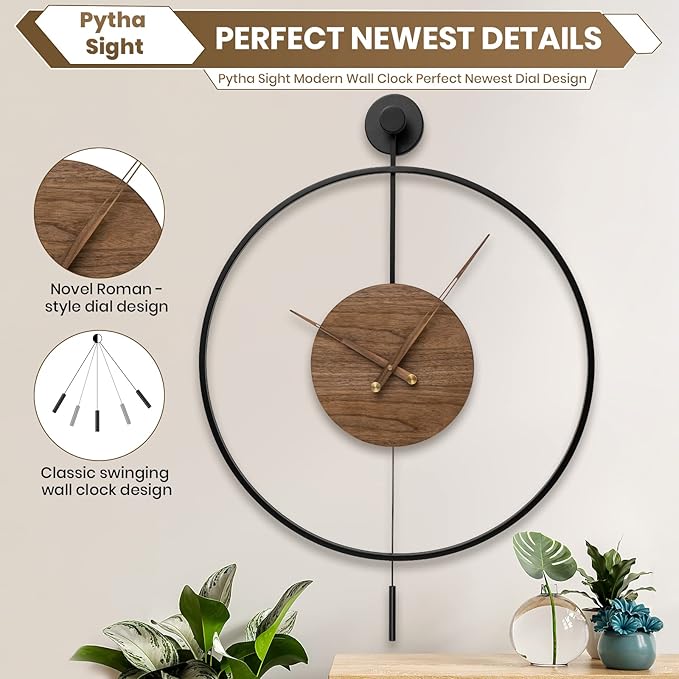 Large Modern Wall Clock,Wall Clocks for Living Room Decor,Classical Silent Metal Minimalist Walnut Dial,Big Decorative Farmhouse Pendulum Wall Clock With Walnut Pointers for Office,Dining Room-Ruum Studio Home