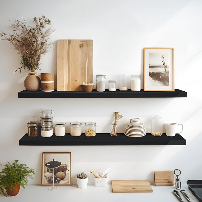 LaVie Home Floating Shelves, 47 Inch Wall Shelf Set of 2, Hanging Shelf with Invisible Brackets, Wall Decor for Bathroom, Bedroom, Living Room, Kitchen Storage,Classic Black-Ruum Studio Home