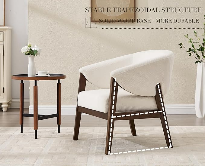 Mid-Century Modern Accent Chairs Set of 2, Comfy Barrel Armchairs with Wide Seat, Upholstered Lounge Chairs with Walnut Wood Legs for Living Room/Bedroom/Reading Corner, Chenille, Beige-Ruum Studio Home