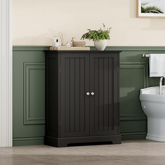 ChooChoo Bathroom Floor Cabinet, Modern Bathroom Storage Cabinet with 2 Doors and Adjustable Shelves, Freestanding Cupboard for Living Room, Black-Ruum Studio Home