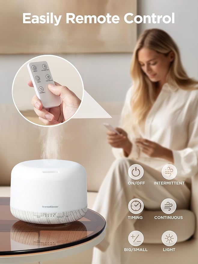 InnoGear 500ml Essential Oil Diffuser with Remote Control, Premium Ultrasonic Aromatherapy Diffusers Scent Humidifier Vaporizer Auto-Off Timer for Large Room Home, White-Ruum Studio Home