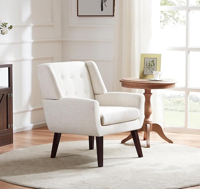 HUIMO Accent Chair Living Room Chair, Upholstered Button Tufted Armchair, Linen Fabric Sofa Chairs for Bedroom, Living Room, Mid-Century Modern Comfy Reading Chair (Beige)-Ruum Studio Home
