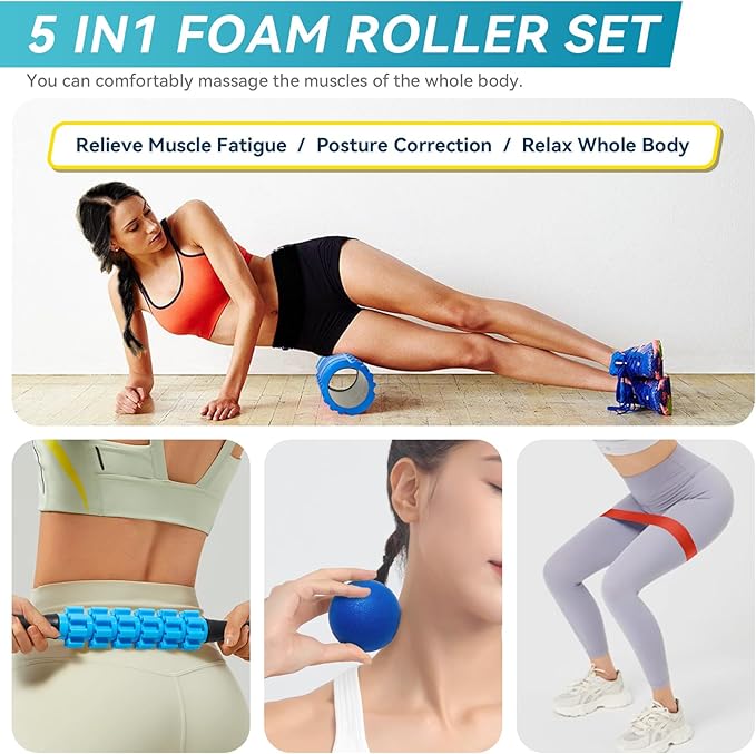 5 in 1 Foam Roller Set for Deep Tissue Muscle Massage, High Density Trigger Point Fitness Patented Exercise Foam Roller, Massage Roller, Massage Ball, Resistance Band, for Whole Body-Ruum Studio Home