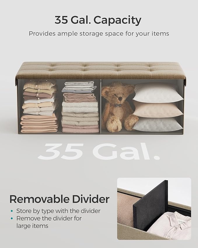 SONGMICS MAZIE Collection - 43 Inches Folding Storage Ottoman Bench, Ottoman Foot Rest, End of Bed Bench, Storage Chest, Load 660 lb, for Living Room, Bedroom, Entryway, Camel Brown ULSF077R01-Ruum Studio Home
