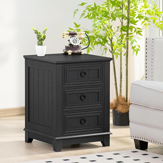 18" Farmhouse Night Stand with 3 Drawers, Wood End Table Dresser for Bedroom, Black Nightstand, Bed Side Table with Metal Handle, Bedside Cabinet for Bedroom Living Room, Closet-Ruum Studio Home