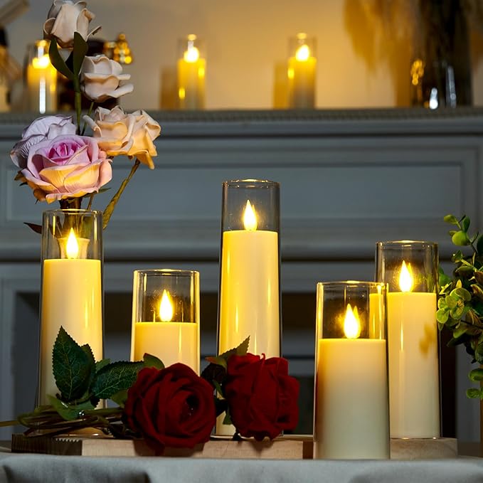 Amagic Ivory Flameless Candles with Remote, Battery Operated Candles with Timer, Acrylic Plexiglass Flickering LED Fake Candle for Wedding, Holiday, Home Decor, Set of 9, D2.2 x H5 6" 7"-Ruum Studio Home