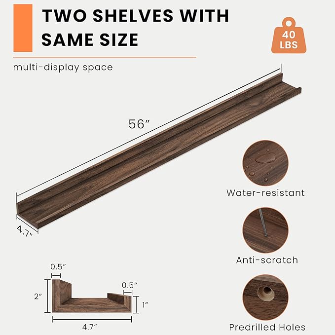 Heimlove Picture Ledge Shelf, Floating Shelves Set of 2, 56 Inches Picture Shelf for Wall with Ledge, Kids Bookshelf Wall Mounted for Living Room Bedroom Decor Books Photo Frames, Walnut-Ruum Studio Home