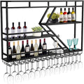 Wall Mounted Wine Rack with Glass Holder, 3-Tier Metal Storage Shelf, Black Diamond Design, Wine Bottle Display with Stemware Storage (Black, 39.37in/Left)-Ruum Studio Home