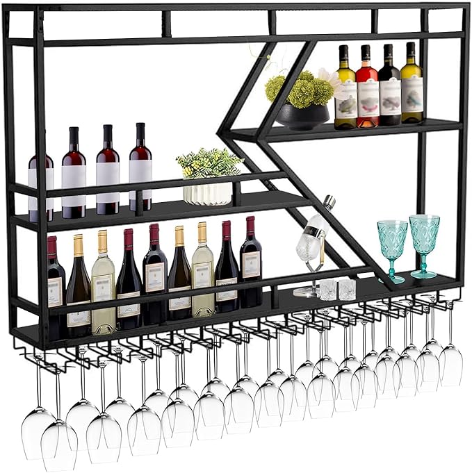 Wall Mounted Wine Rack with Glass Holder, 3-Tier Metal Storage Shelf, Black Diamond Design, Wine Bottle Display with Stemware Storage (Black, 39.37in/Left)-Ruum Studio Home