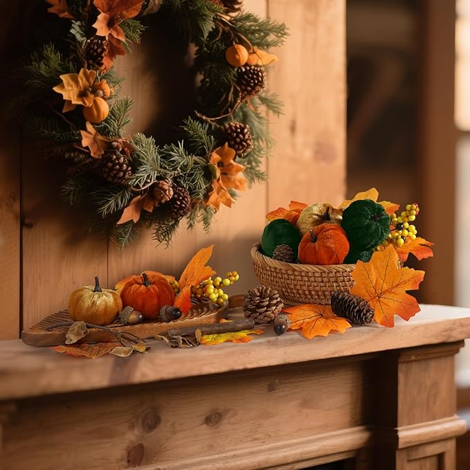 Artmag Fabric Pumpkins Set Decor, 25 PCS Fall Artificial Maple Leaves, Harvest Pumpkins, Acorns, Pine Cones and Orange Berry Stems Decorations for Fall Thanksgiving Table Home-Ruum Studio Home