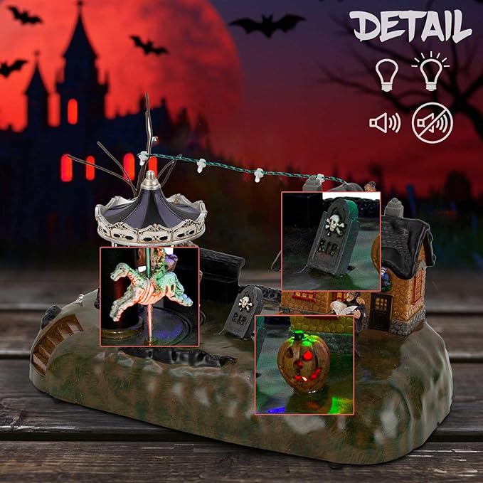 Animated Halloween Carousel Village House, LED Spooky Festival Display Collection Battery Operate, Indoor Use only-Ruum Studio Home